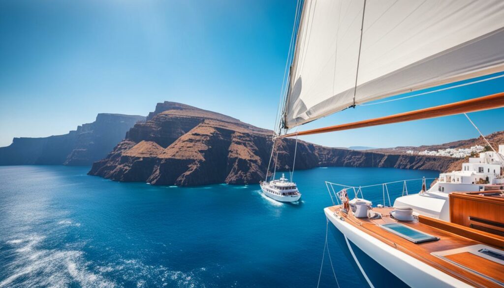 A view from the deck of a sailboat gliding through crystal-clear turquoise waters