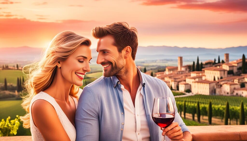 an image of a couple standing on a balcony overlooking the Italian countryside,