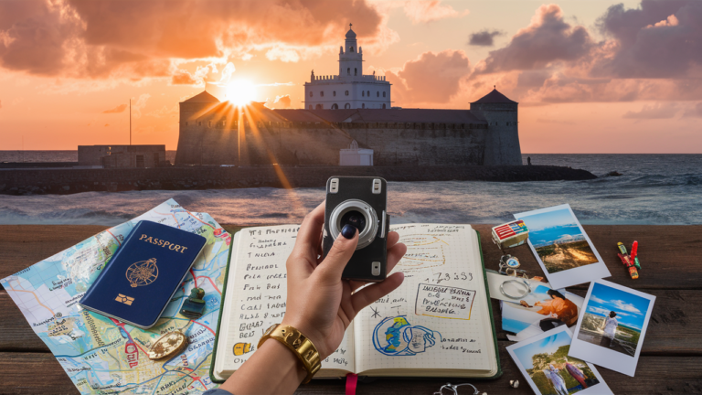 A stunning sunset over El Morro (Castillo San Felipe del Morro) in San Juan, Puerto Rico in the background. In the forground, A hand holding a camera capturing the sunset.