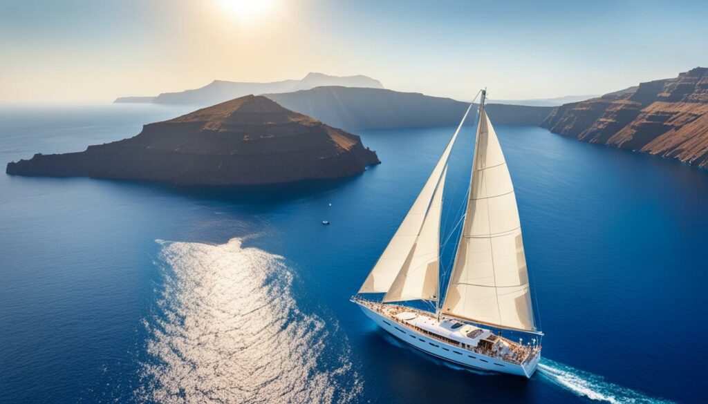 Vibrant blue waters surround a white sailboat as it glides through the stunning caldera.