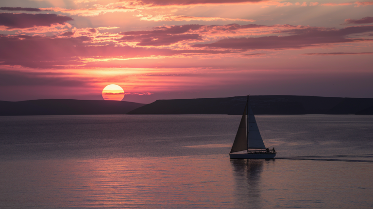 A breathtaking image of the sun setting over the caldera